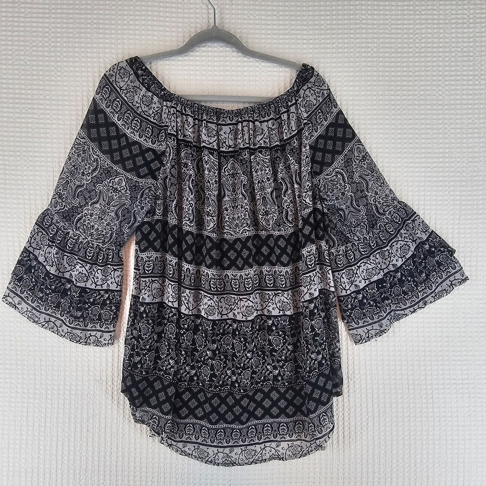 Womens Blouse Black White BOHO Plus Size 2X by Roz & Aly
